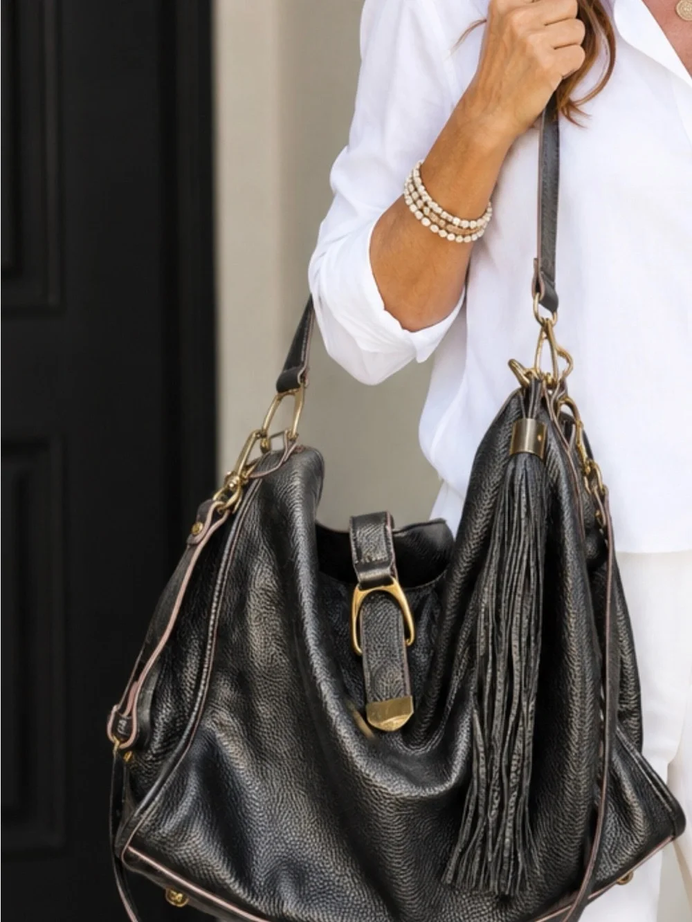 Classic Black Leather Fringe Hobo Bag with Gold Hardware
